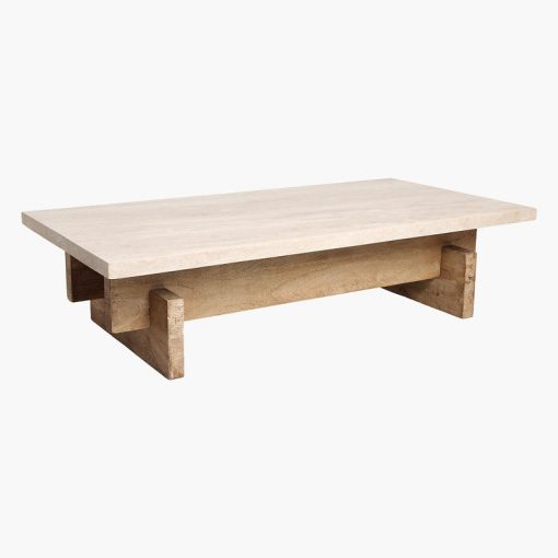 Travertine coffee table natural wood base rectangular
