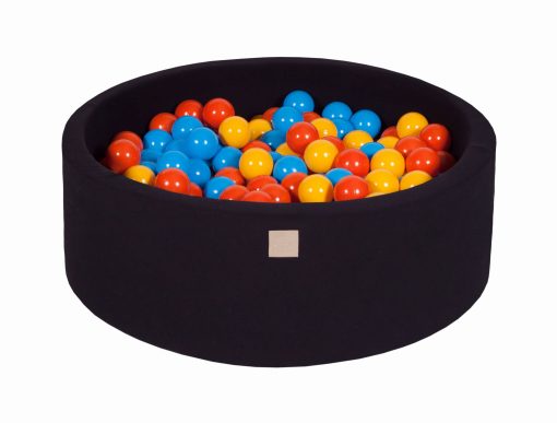 Baby Foam Round Ball Pit 90x30cm with 200 Balls 7cm Certified, Cotton, Black: Yellow/Orange/Blue