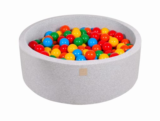 Baby Foam Round Ball Pit 90x30cm with 200 Balls 7cm Certified, Cotton, Light Gray: Yellow/Red/Dark Green/Orange/Blue